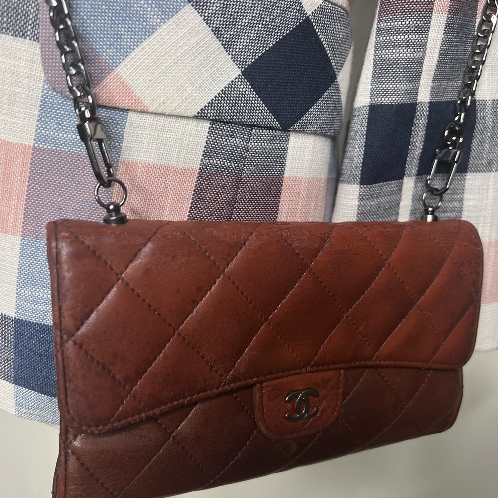 Authentic Chanel Brown Classic Flap Wallet With Chain - Picture 9 of 12